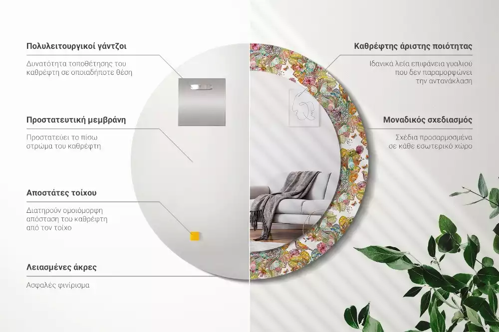 Miroir rond avec décoration Fleurs féeriques