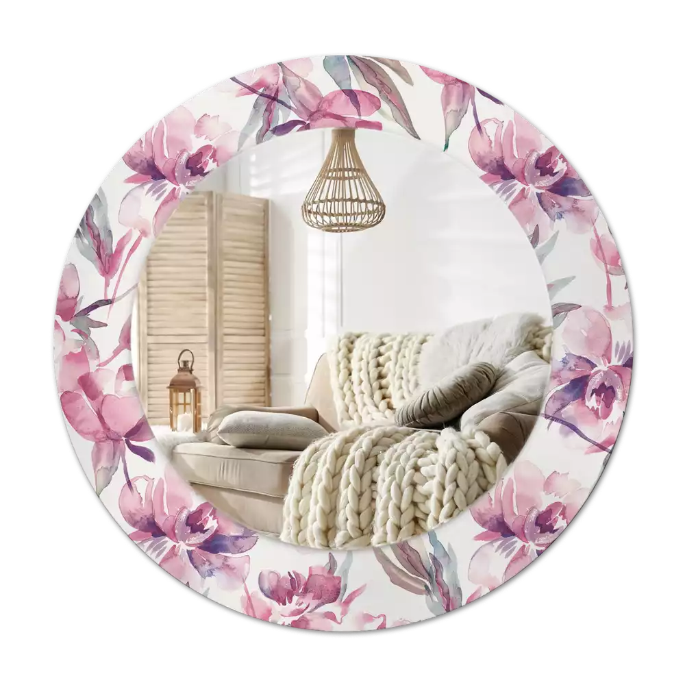 Miroir rond cadre avec impression Pivoines