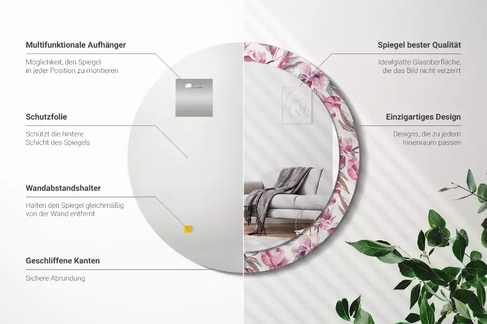 Miroir rond cadre avec impression Pivoines