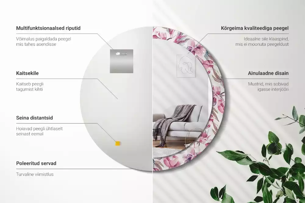 Miroir rond cadre avec impression Pivoines