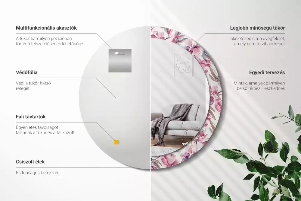 Miroir rond cadre avec impression Pivoines