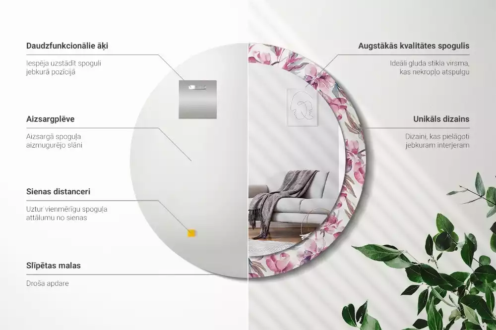 Miroir rond cadre avec impression Pivoines