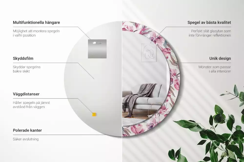 Miroir rond cadre avec impression Pivoines