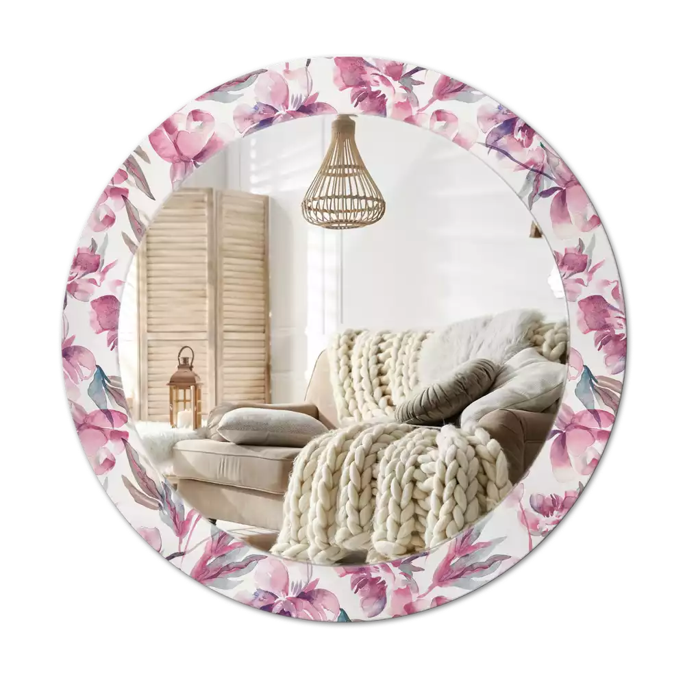 Miroir rond cadre avec impression Pivoines