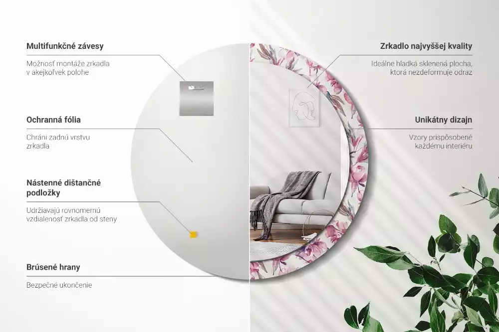 Miroir rond cadre avec impression Pivoines