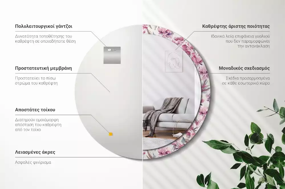 Miroir rond cadre avec impression Pivoines