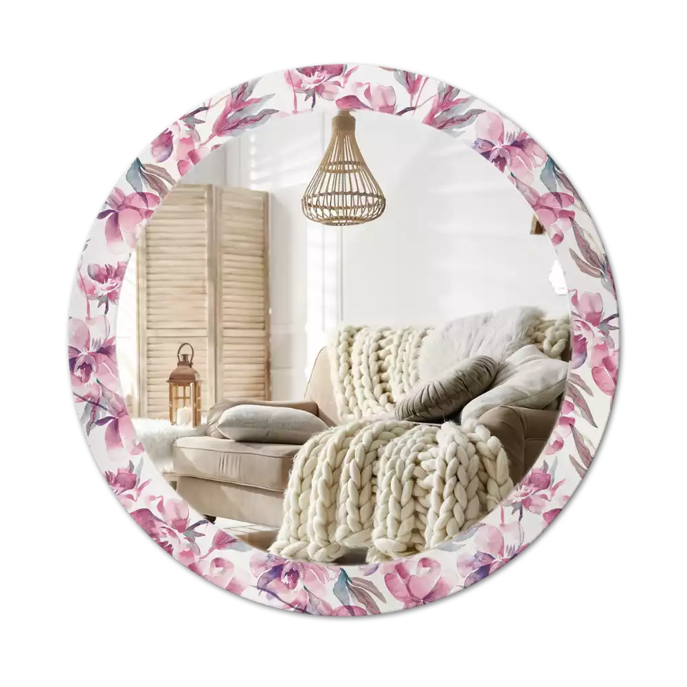 Miroir rond cadre avec impression Pivoines