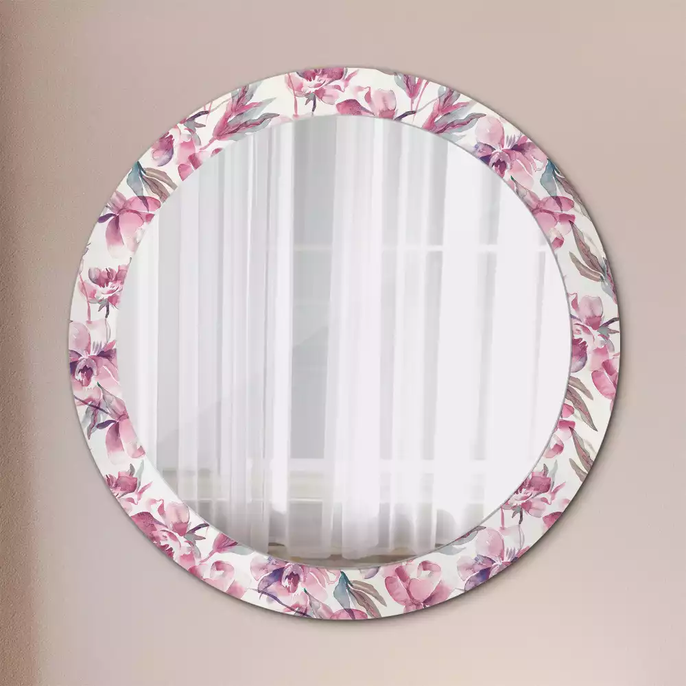 Miroir rond cadre avec impression Pivoines