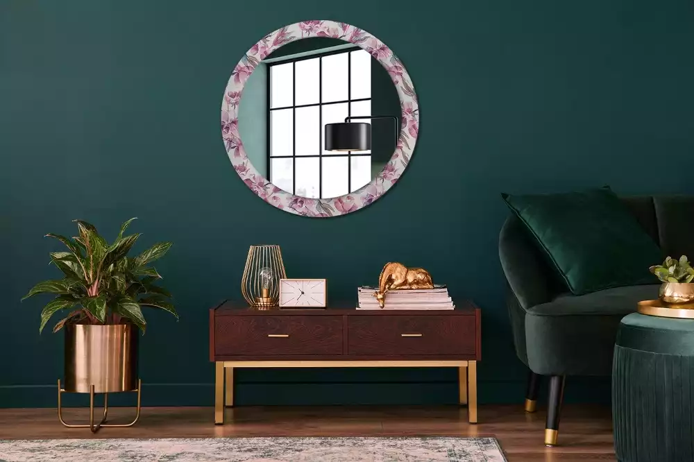 Miroir rond cadre avec impression Pivoines