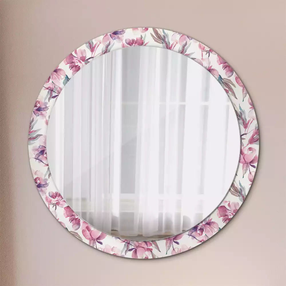 Miroir rond cadre avec impression Pivoines