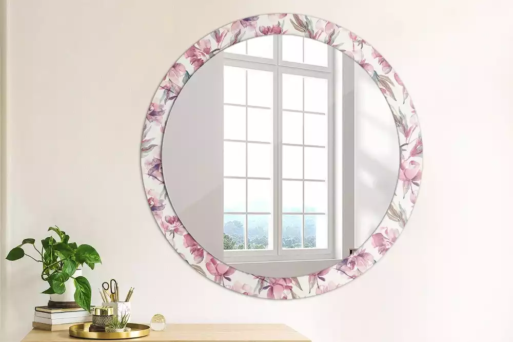 Miroir rond cadre avec impression Pivoines