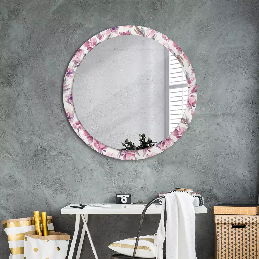 Miroir rond cadre avec impression Pivoines