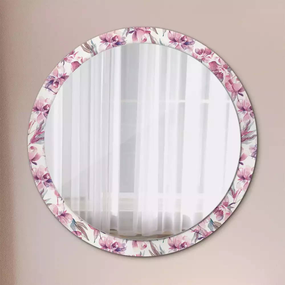 Miroir rond cadre avec impression Pivoines