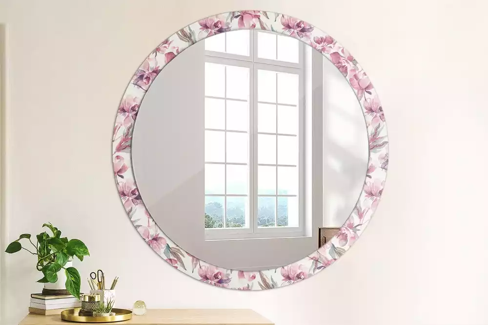 Miroir rond cadre avec impression Pivoines