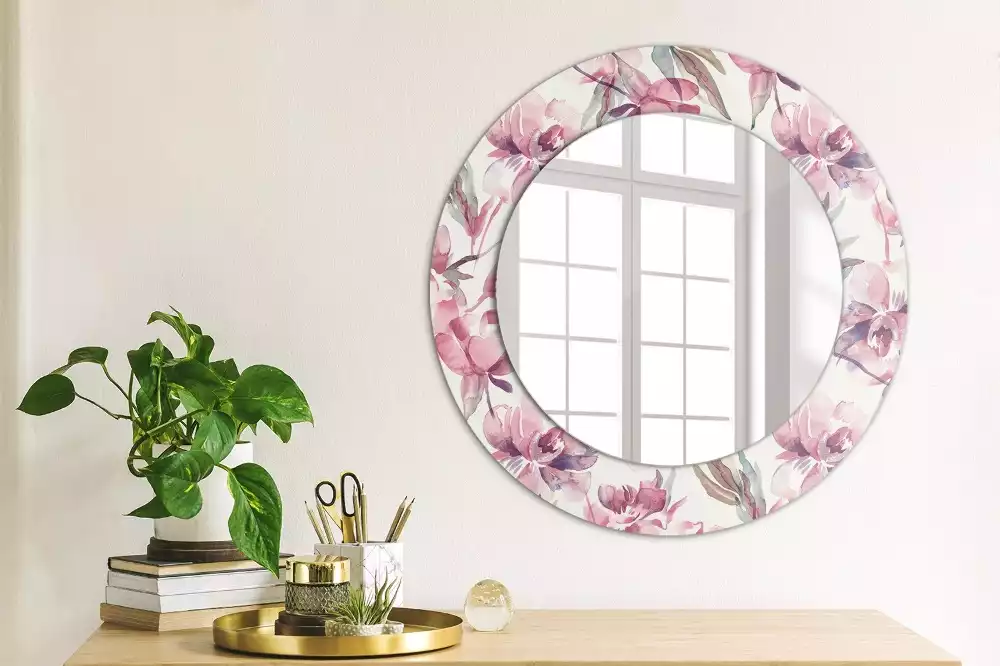 Miroir rond cadre avec impression Pivoines
