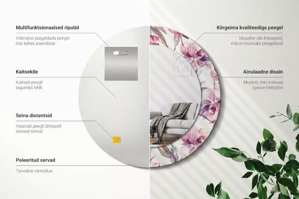 Miroir rond cadre avec impression Pivoines
