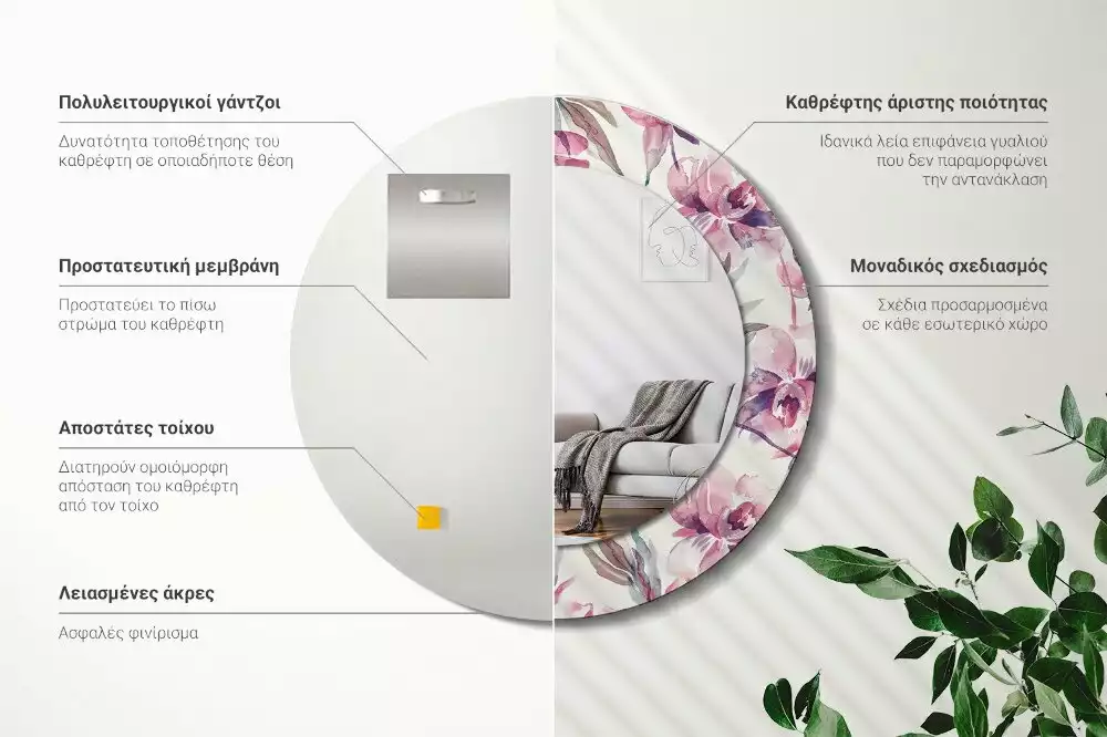 Miroir rond cadre avec impression Pivoines