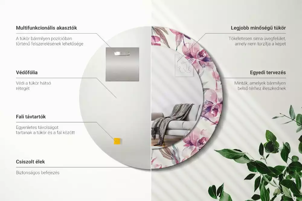 Miroir rond cadre avec impression Pivoines