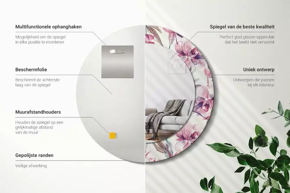 Miroir rond cadre avec impression Pivoines
