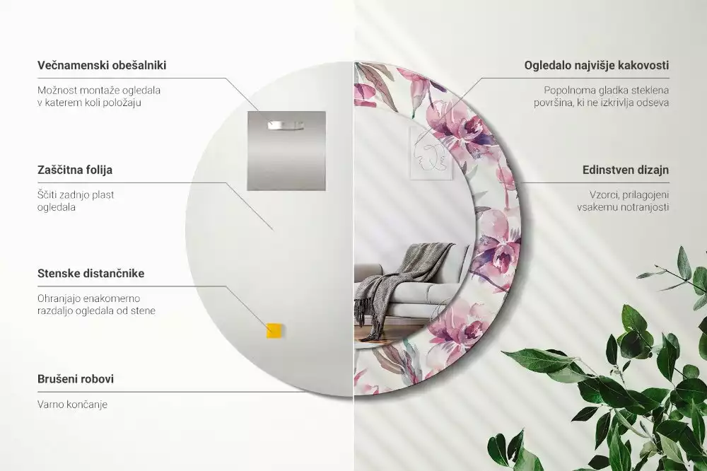 Miroir rond cadre avec impression Pivoines