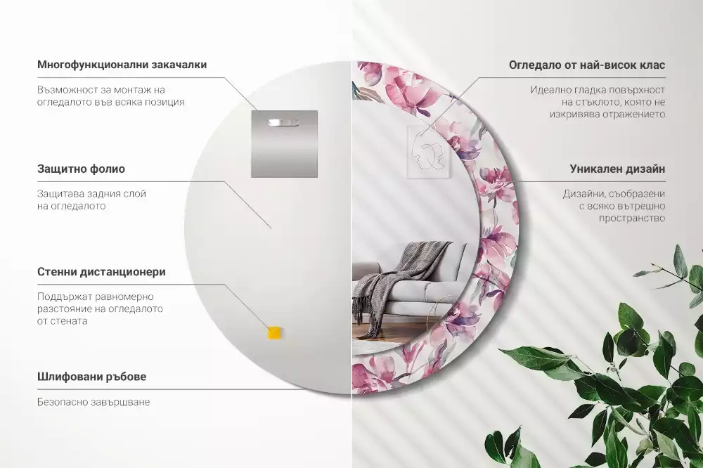 Miroir rond cadre avec impression Pivoines