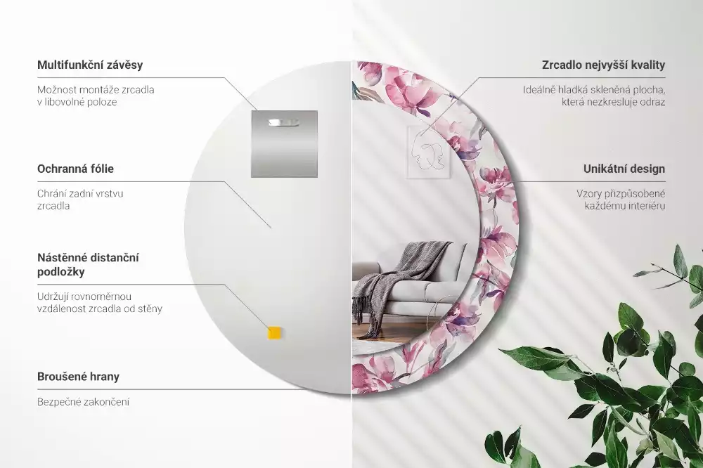 Miroir rond cadre avec impression Pivoines