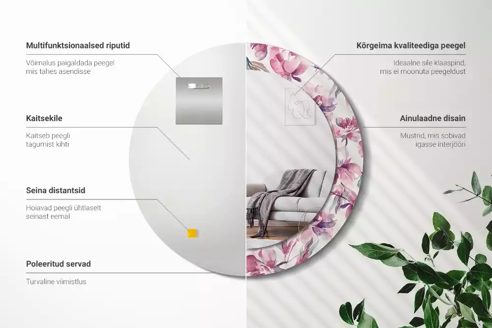 Miroir rond cadre avec impression Pivoines