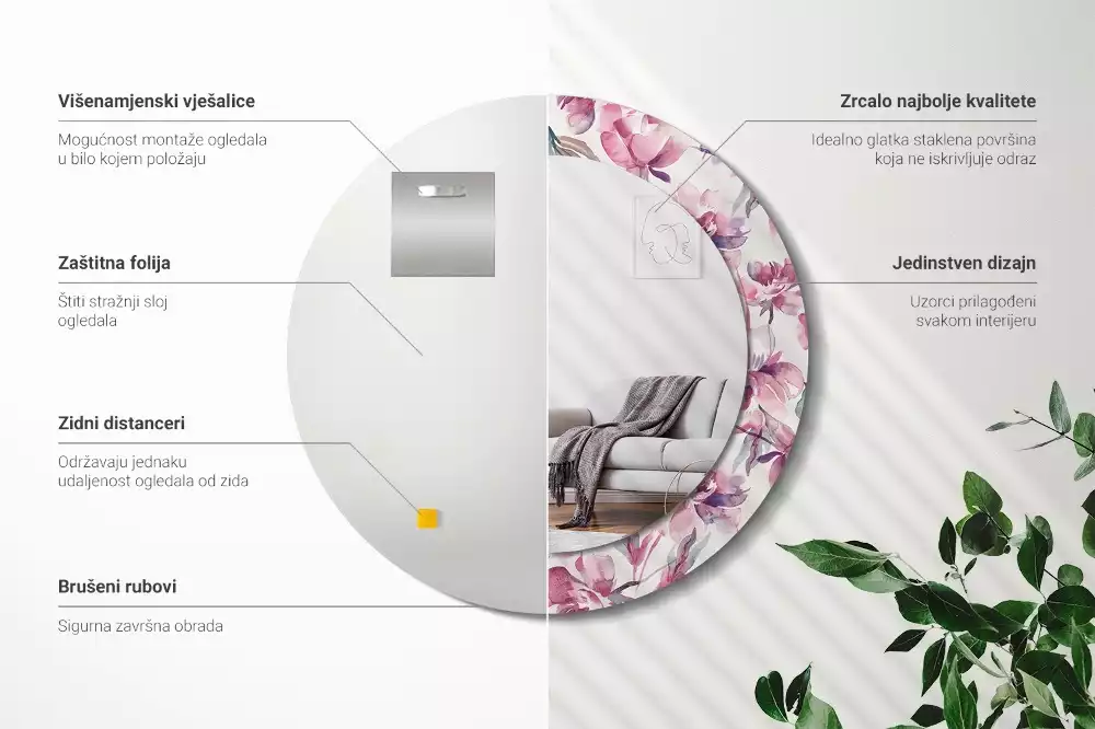 Miroir rond cadre avec impression Pivoines