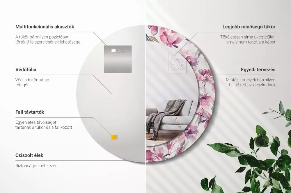 Miroir rond cadre avec impression Pivoines