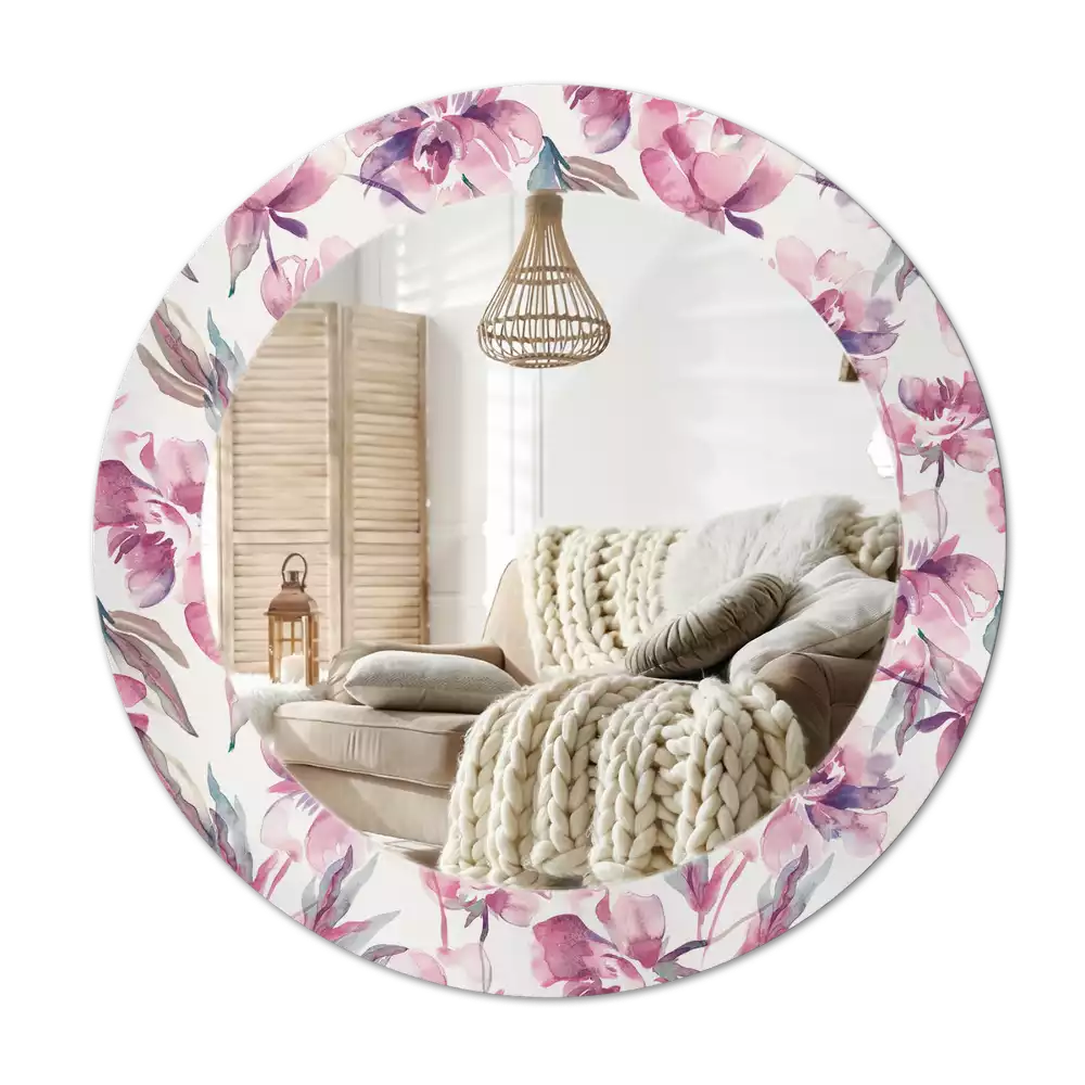 Miroir rond cadre avec impression Pivoines