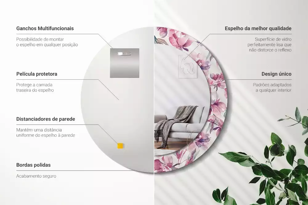Miroir rond cadre avec impression Pivoines
