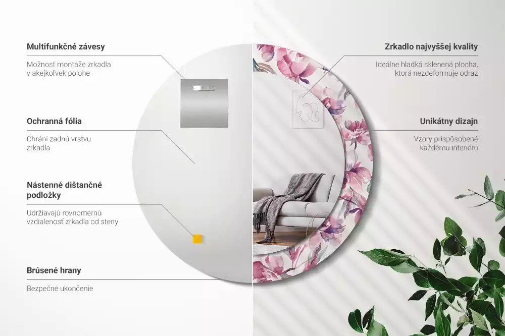 Miroir rond cadre avec impression Pivoines