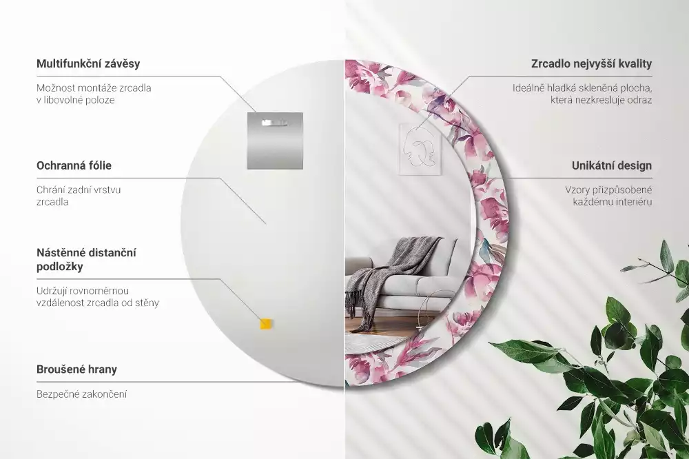 Miroir rond cadre avec impression Pivoines