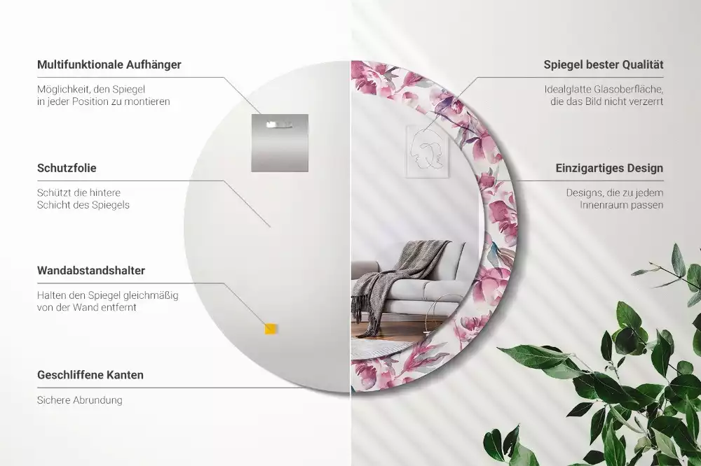 Miroir rond cadre avec impression Pivoines