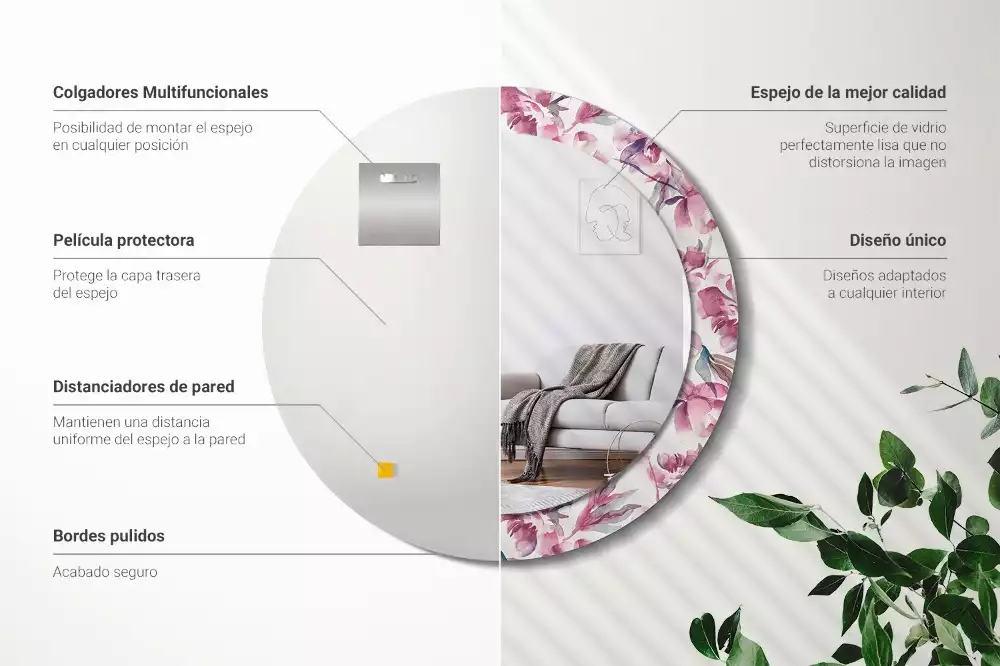 Miroir rond cadre avec impression Pivoines