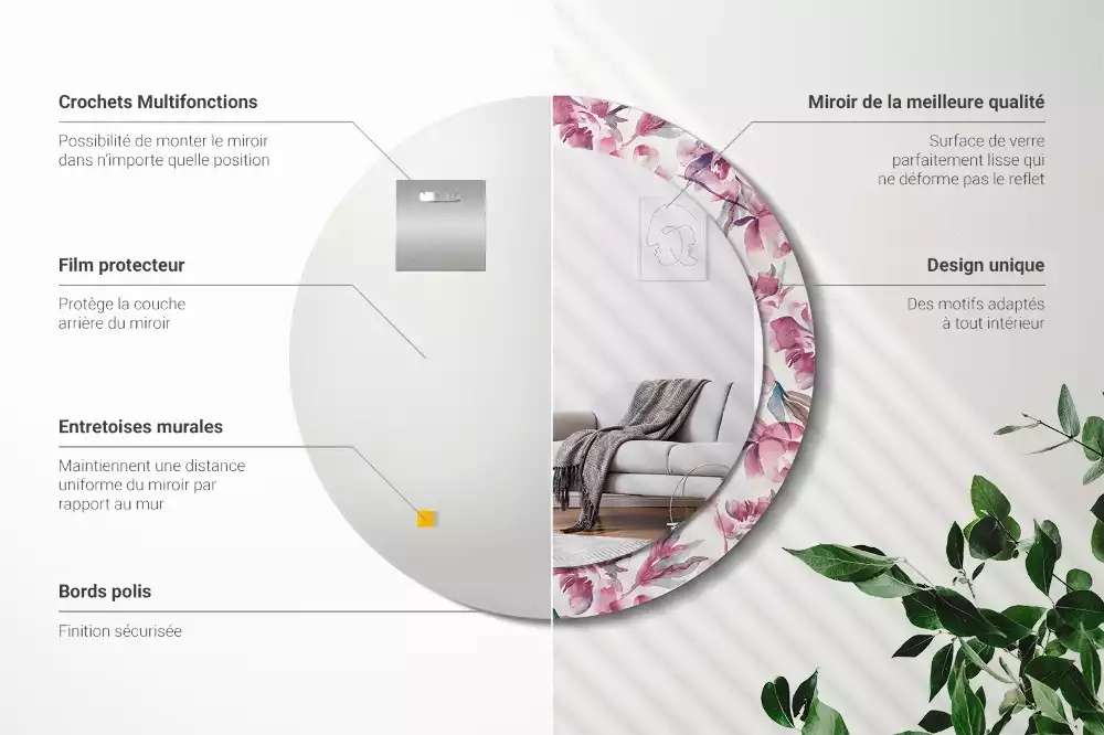 Miroir rond cadre avec impression Pivoines