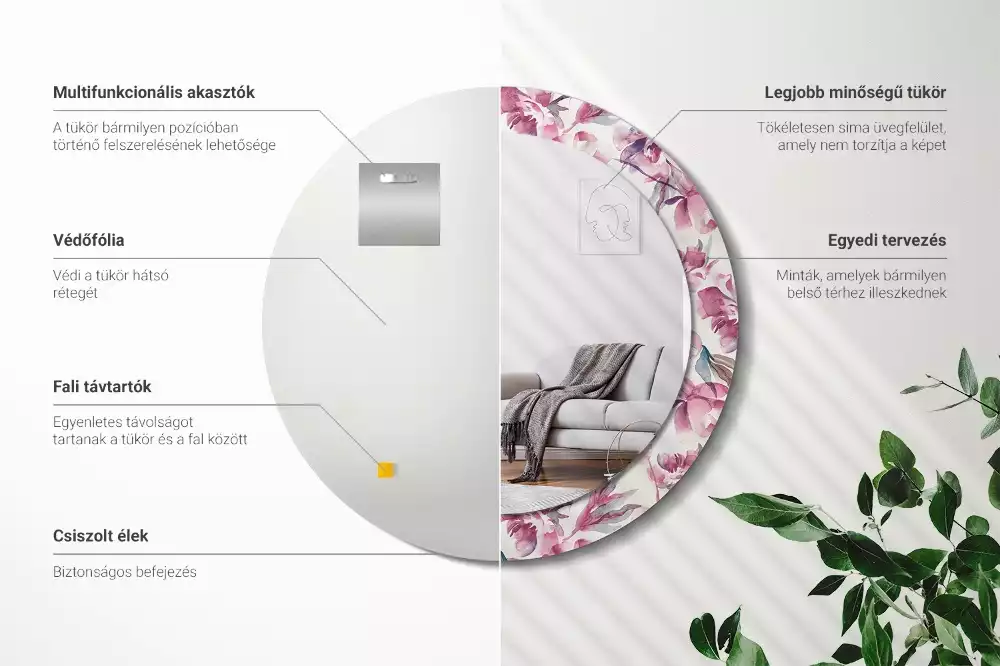 Miroir rond cadre avec impression Pivoines