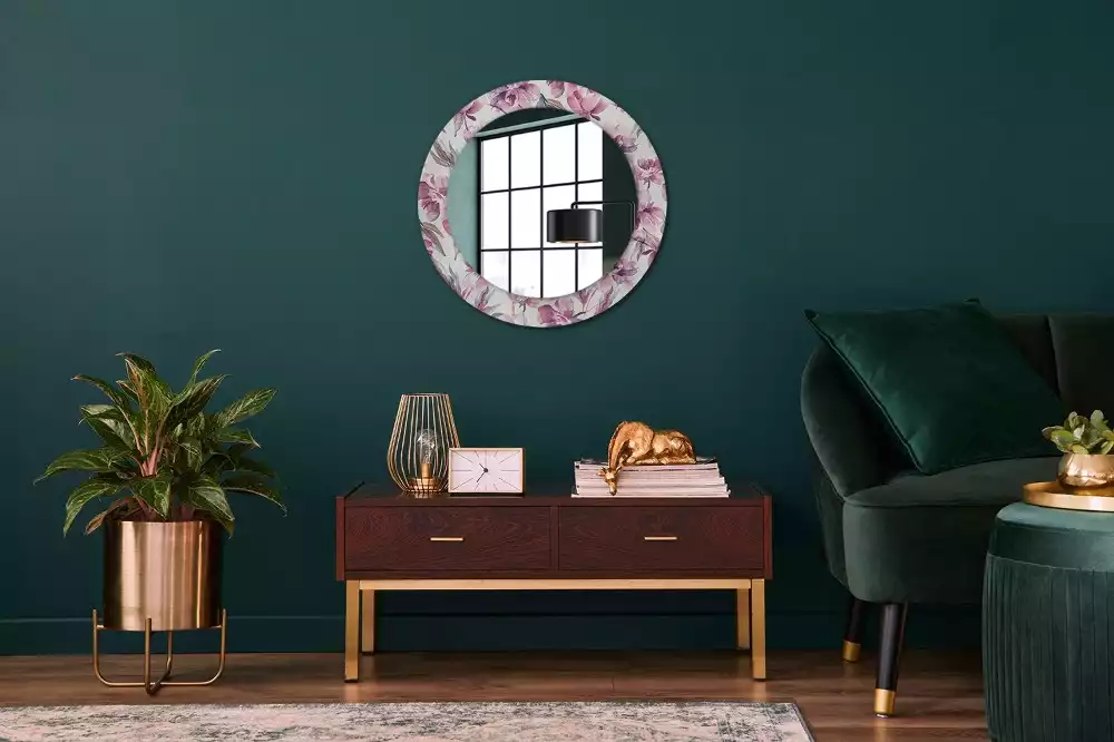 Miroir rond cadre avec impression Pivoines