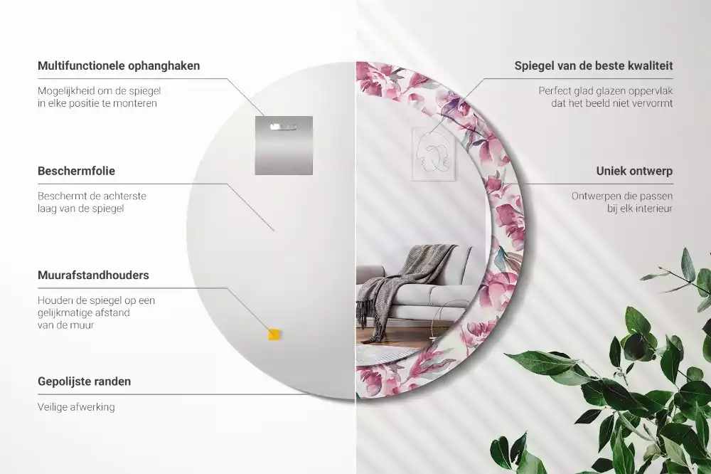 Miroir rond cadre avec impression Pivoines