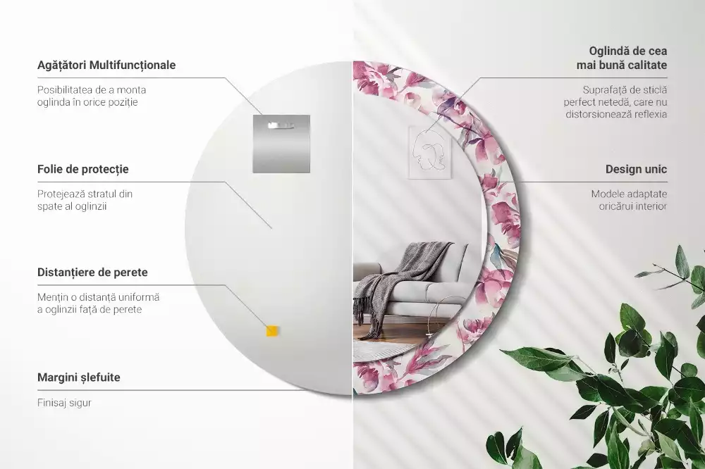 Miroir rond cadre avec impression Pivoines