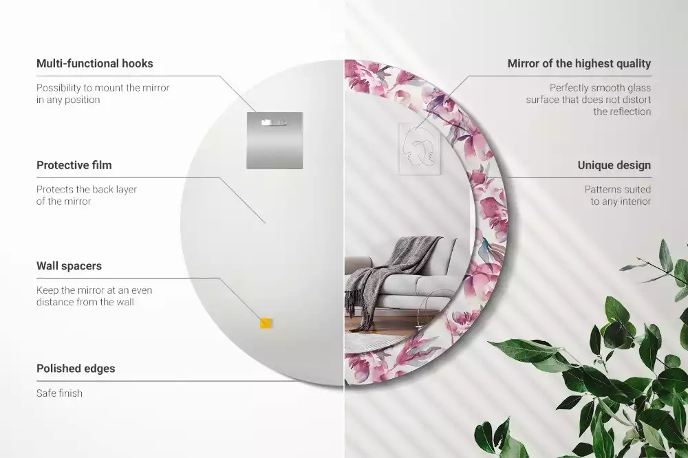 Miroir rond cadre avec impression Pivoines