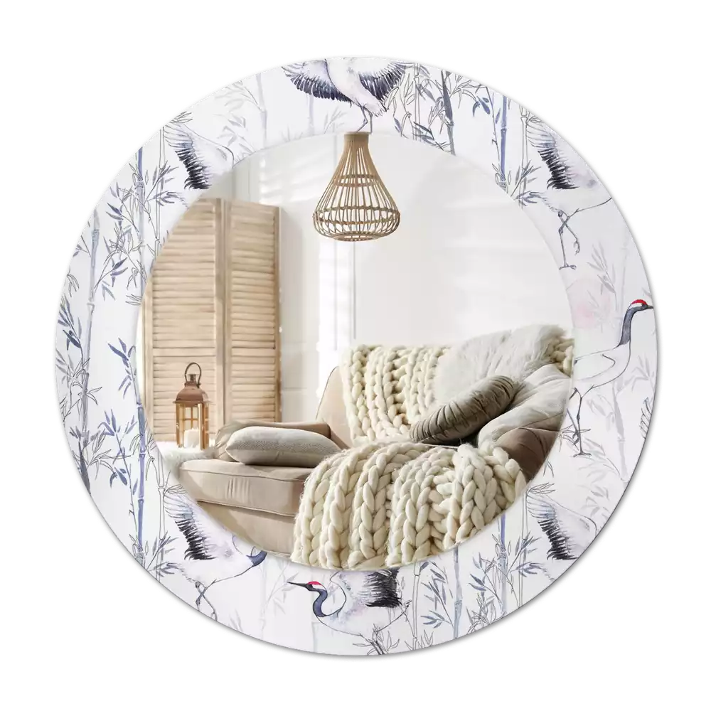 Miroir rond cadre avec impression Grues