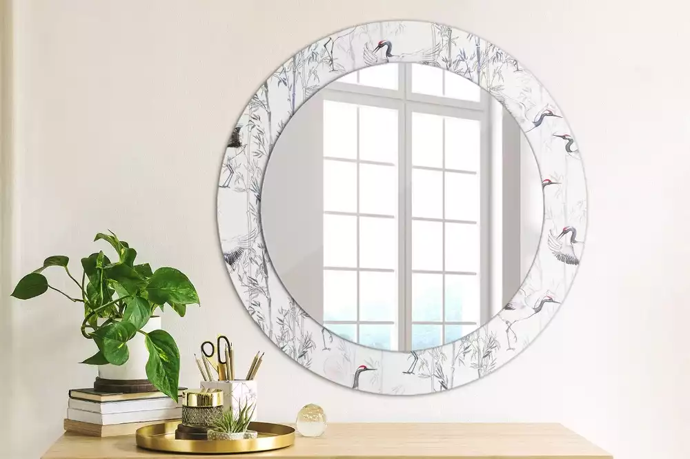 Miroir rond cadre avec impression Grues