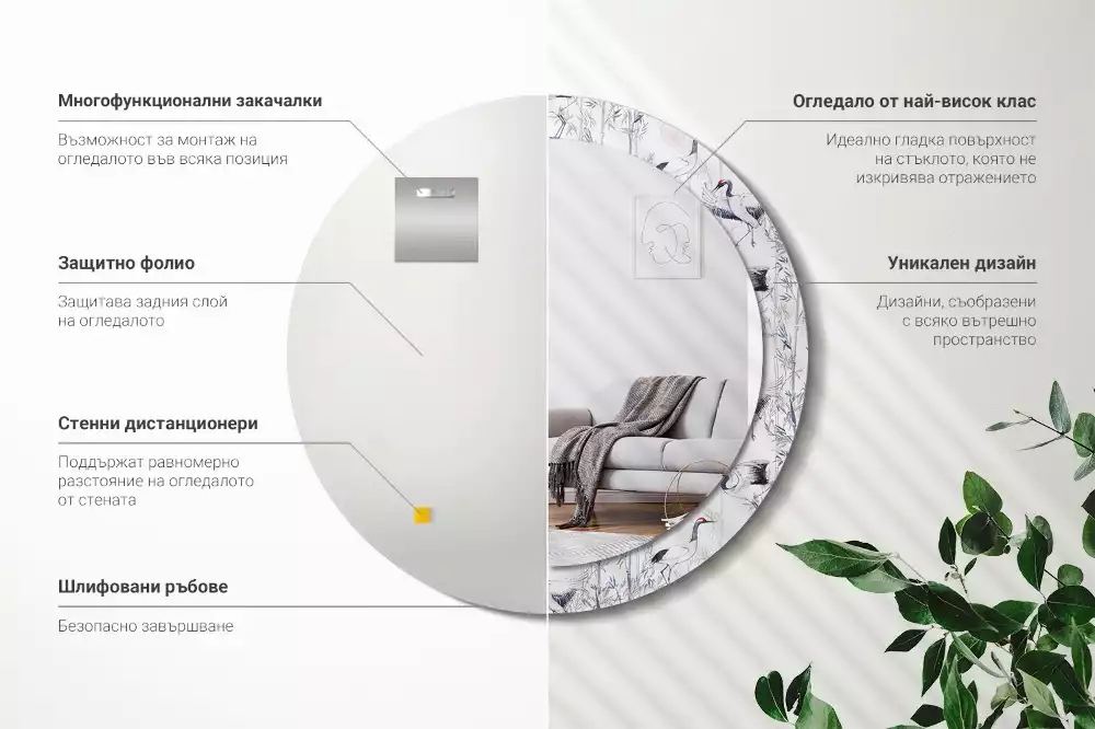 Miroir rond cadre avec impression Grues