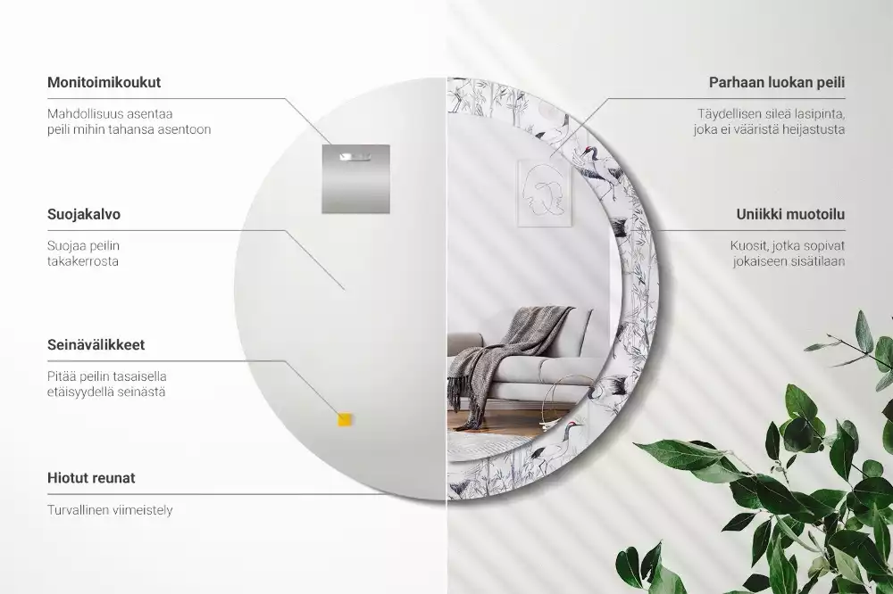 Miroir rond cadre avec impression Grues