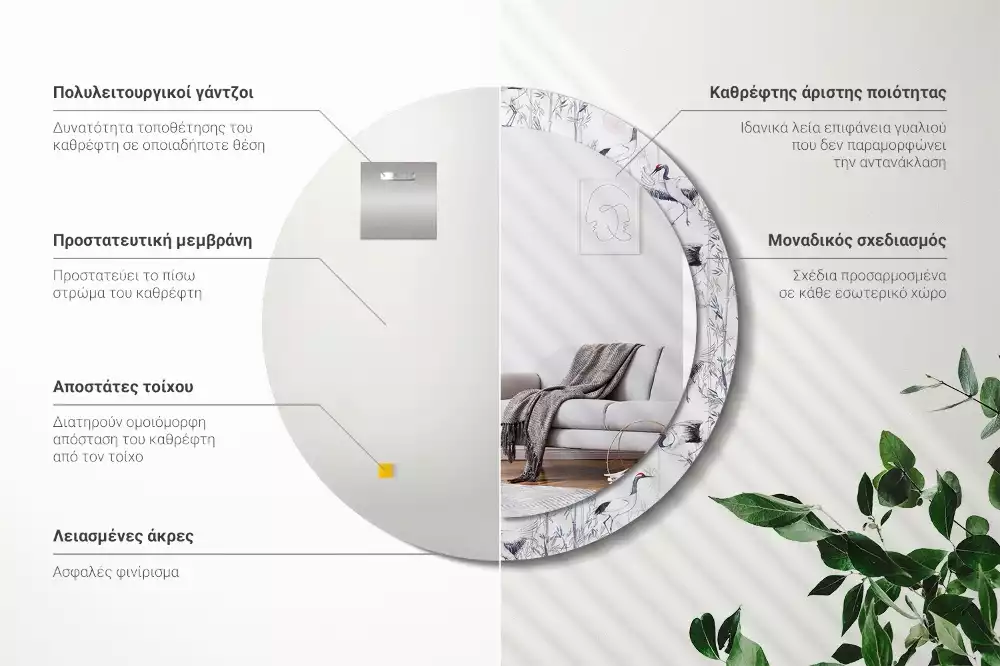 Miroir rond cadre avec impression Grues