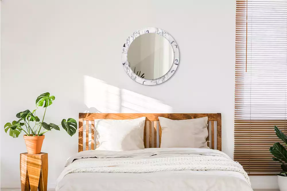 Miroir rond cadre avec impression Grues