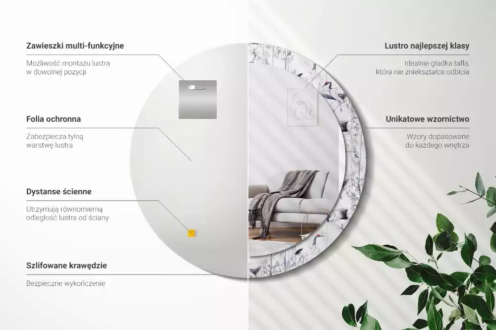 Miroir rond cadre avec impression Grues