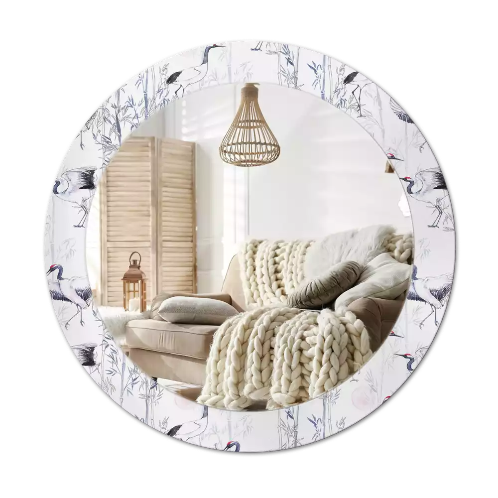 Miroir rond cadre avec impression Grues