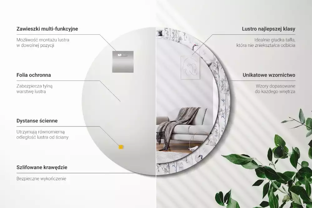 Miroir rond cadre avec impression Grues